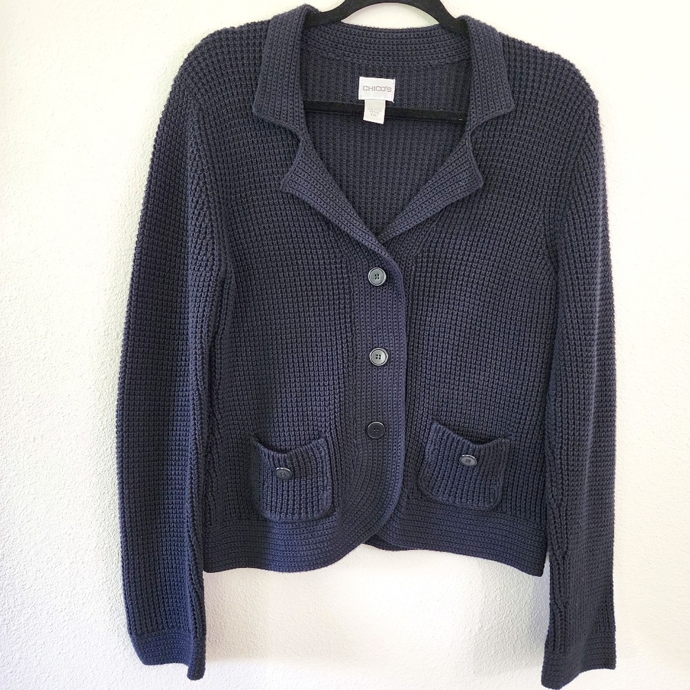 Chico's Button Up Cardigan Sweater Waffle Knit Collar Black 100% Cotton Size 1